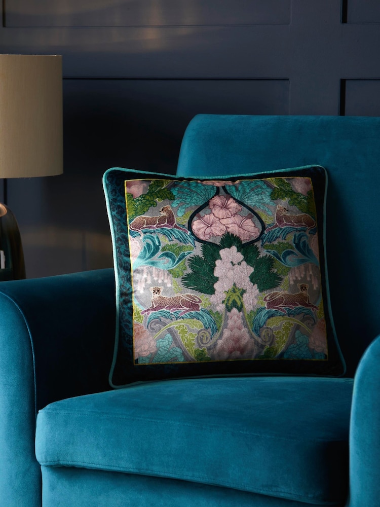 Laurence Llewelyn-Bowen Teal/Chocolate Suburban Jungle Filled Cushion - Image 1 of 5 Laurence Llewelyn-Bowen Teal/Chocolate Suburban Jungle Filled Cushion - Image 1 of 5