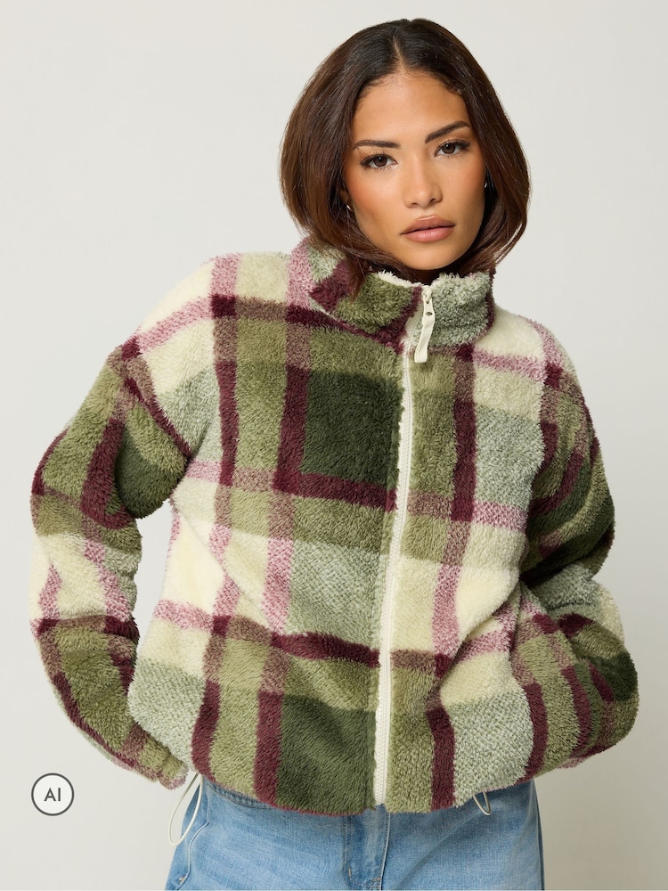PixieGirl Petite Green Checkered Zip Fleece - Image 1 of 6 PixieGirl Petite Green Checkered Zip Fleece - Image 1 of 6