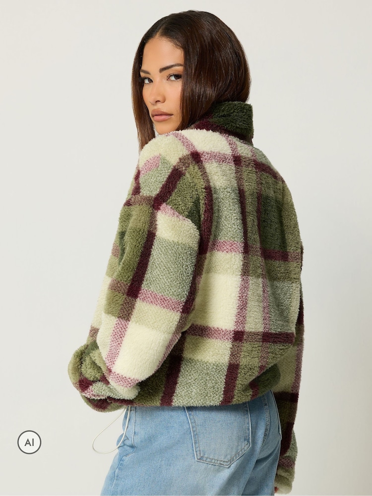 PixieGirl Petite Green Checkered Zip Fleece - Image 2 of 6 PixieGirl Petite Green Checkered Zip Fleece - Image 2 of 6