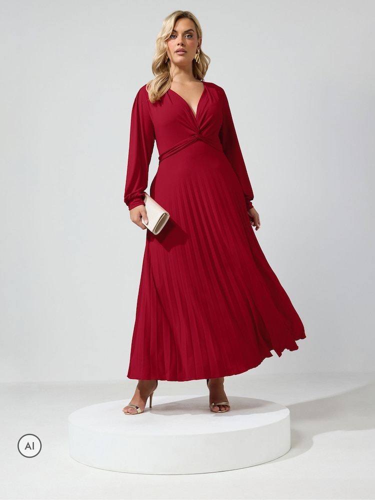 Yours Curve Red Pleated Knot Long Sleeve Maxi Dress - Image 1 of 6 Yours Curve Red Pleated Knot Long Sleeve Maxi Dress - Image 1 of 6