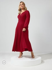 Yours Curve Red Pleated Knot Long Sleeve Maxi Dress - Image 2 of 6