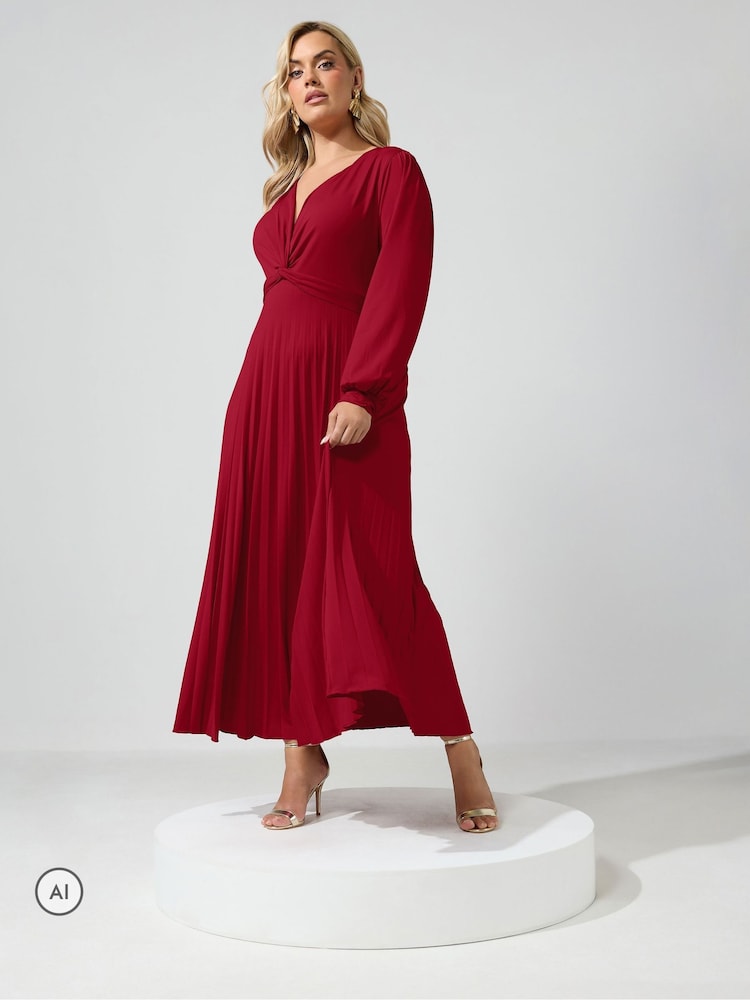 Yours Curve Red Pleated Knot Long Sleeve Maxi Dress - Image 2 of 6 Yours Curve Red Pleated Knot Long Sleeve Maxi Dress - Image 2 of 6