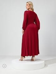Yours Curve Red Pleated Knot Long Sleeve Maxi Dress - Image 3 of 6