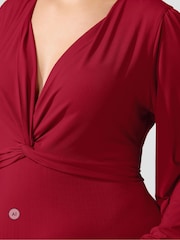 Yours Curve Red Pleated Knot Long Sleeve Maxi Dress - Image 4 of 6