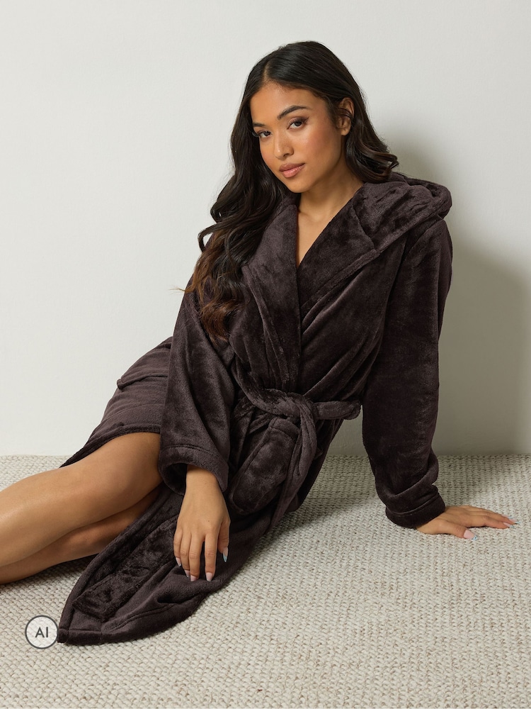 PixieGirl Petite Brown Super Luxe Hooded Dressing Gown - Image 1 of 4 PixieGirl Petite Brown Super Luxe Hooded Dressing Gown - Image 1 of 4
