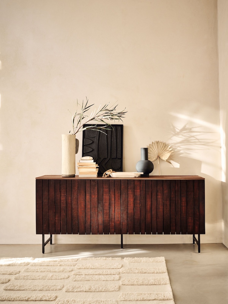 French Connection Slatted Mango Wood and Concrete Effect Top Large Sedona Sideboard - Image 1 of 7