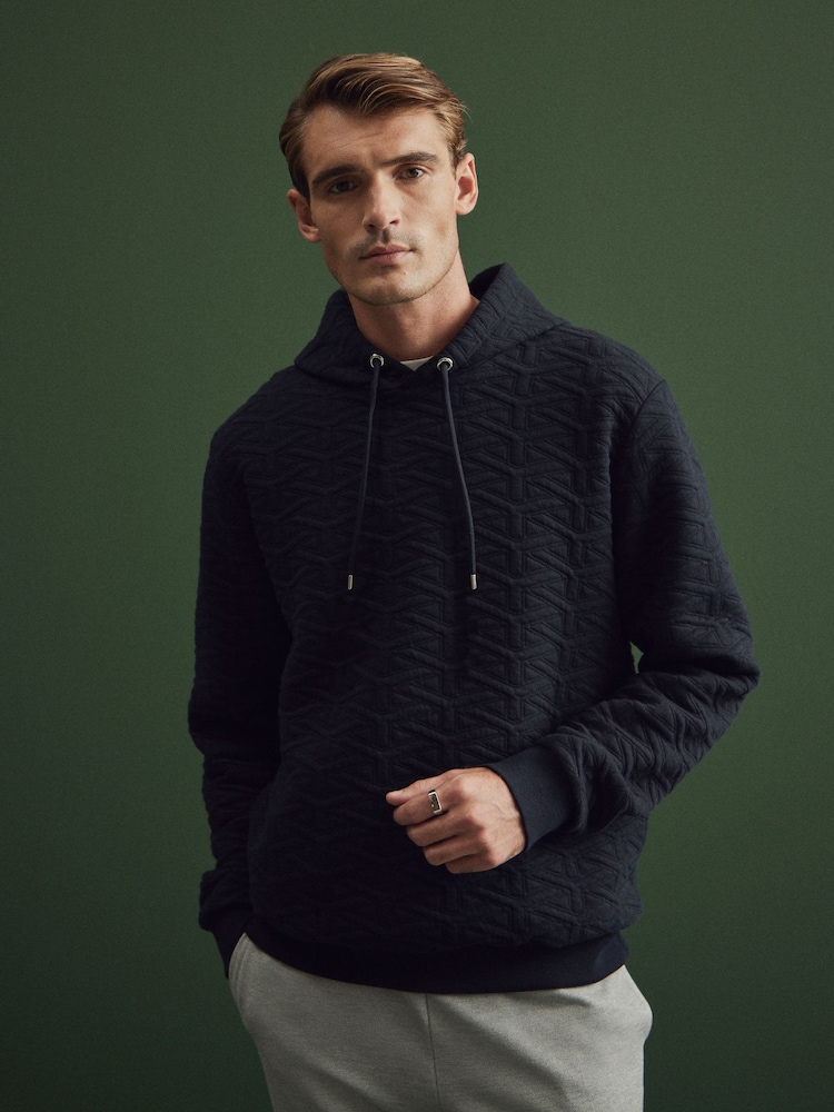 Navy Hooded Premium Textured Overhead Hoodie - Image 2 of 9