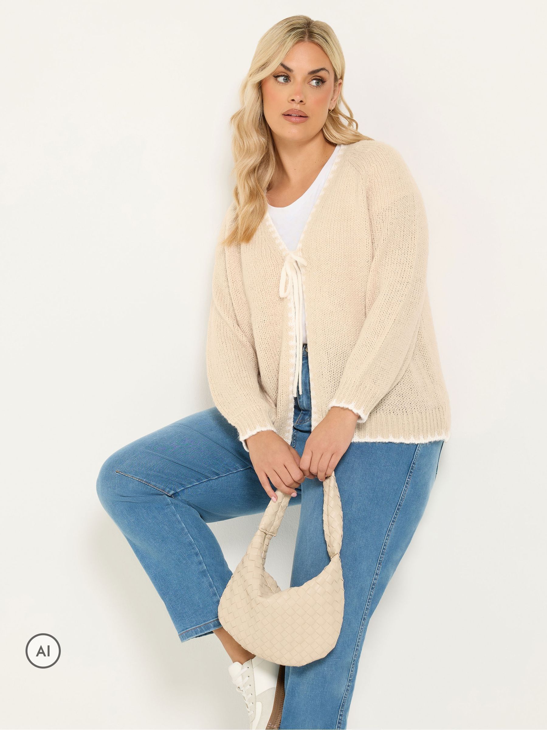 Yours Women's Tie Front Cardigan Sweater in Light Beige | Size: 30-32 - Image 7