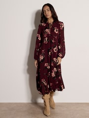 Apricot Purple Floral Print Chiffon Midi Dress - Image 1 of 5
