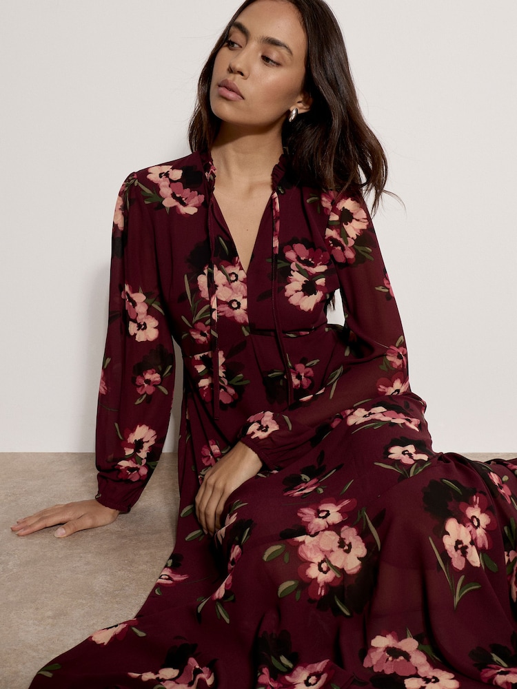 Apricot Purple Floral Print Chiffon Midi Dress - Image 5 of 5 Apricot Purple Floral Print Chiffon Midi Dress - Image 5 of 5