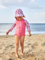 JoJo Maman Bébé Pink Girls' Flamingo UPF 50 Long Sleeve Swimsuit - Image 1 of 6
