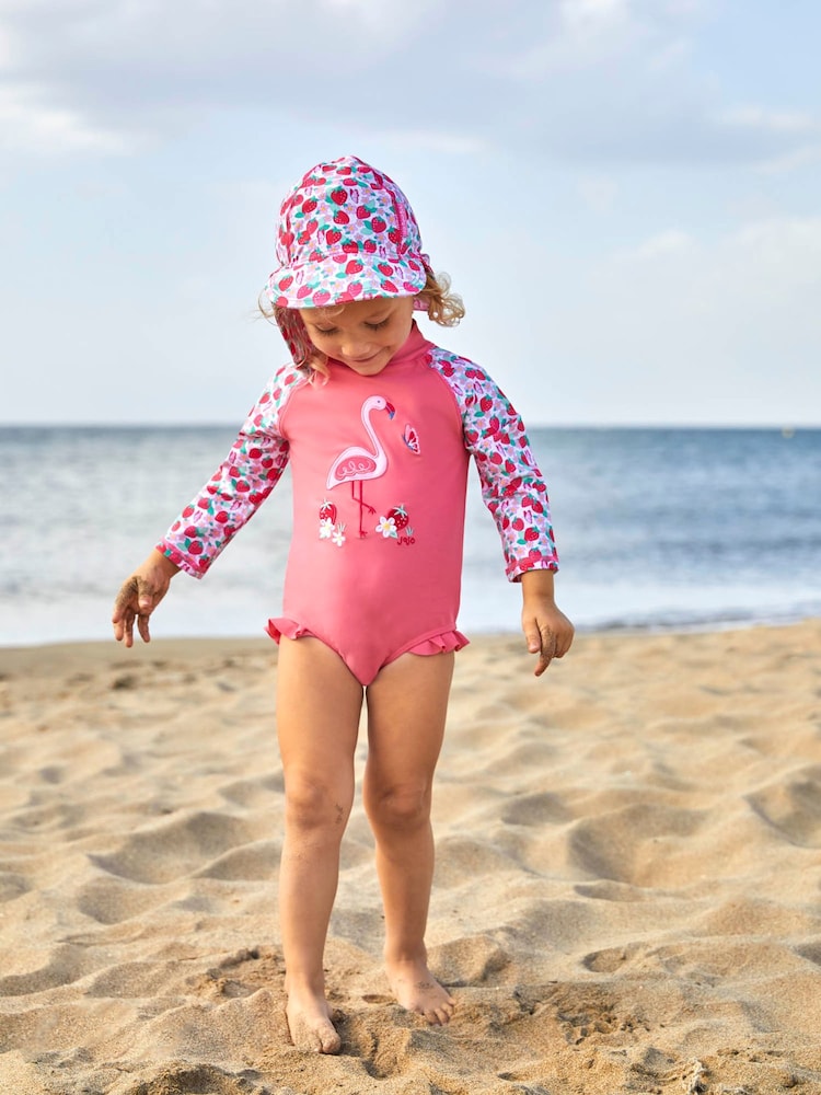 JoJo Maman Bébé Pink Girls' Flamingo UPF 50 Long Sleeve Swimsuit - Image 1 of 6