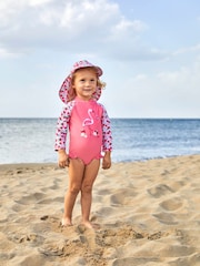 JoJo Maman Bébé Pink Girls' Flamingo UPF 50 Long Sleeve Swimsuit - Image 2 of 6