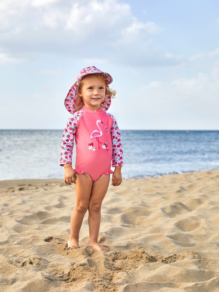 JoJo Maman Bébé Pink Girls' Flamingo UPF 50 Long Sleeve Swimsuit - Image 2 of 6