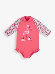 JoJo Maman Bébé Pink Girls' Flamingo UPF 50 Long Sleeve Swimsuit - Image 4 of 6