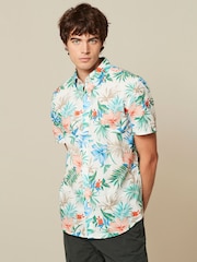 White 100% Cotton Printed Floral Short Sleeve Oxford Shirt - Image 1 of 7