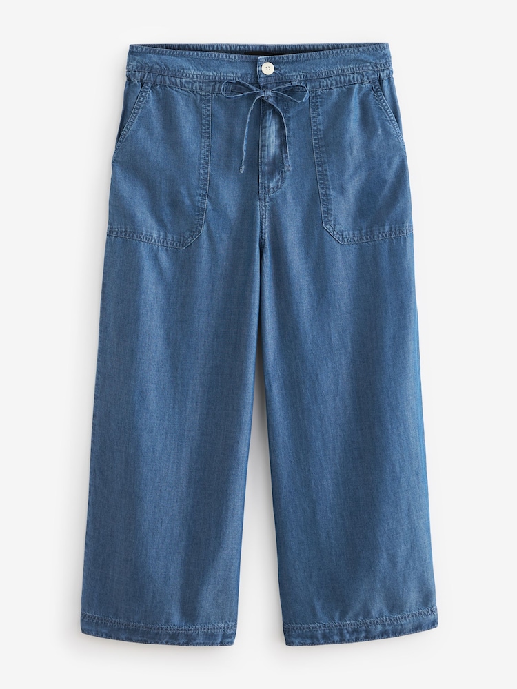 Dark Blue Denim TENCEL™ Tie Waist Wide Leg Culottes - Image 1 of 6 Dark Blue Denim TENCEL™ Tie Waist Wide Leg Culottes - Image 1 of 6
