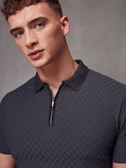 Dark Charcoal Grey Slim Fit Smart Quarter Zip Polo Shirt - Image 1 of 7