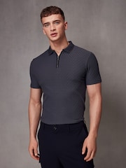 Dark Charcoal Grey Slim Fit Smart Quarter Zip Polo Shirt - Image 4 of 7
