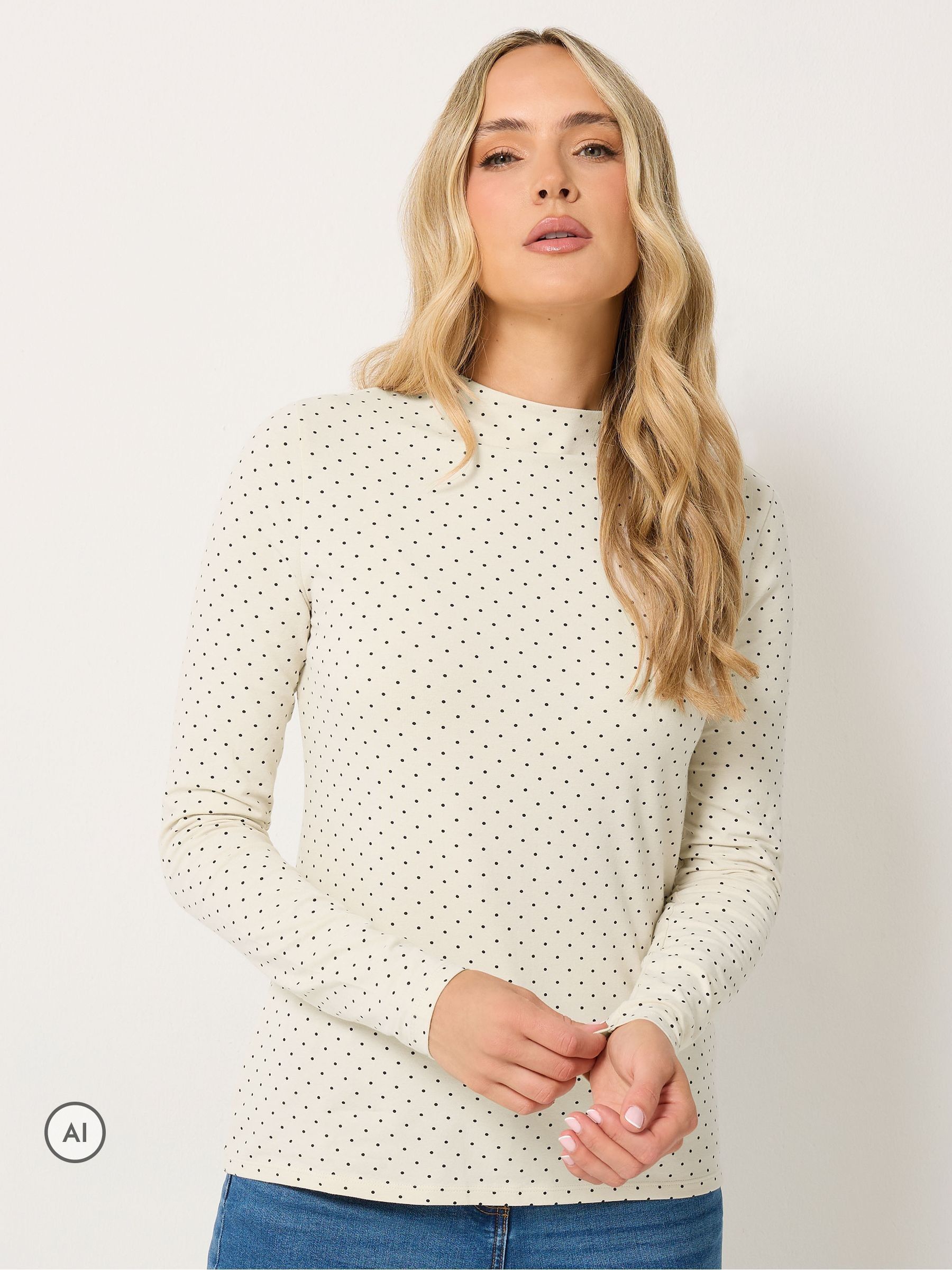 Long Tall Sally Women's White Polka Dot Long Sleeve High Neck Top - Image 1
