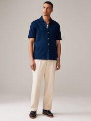 Navy Blue 100% Cotton Textured Waffle Jersey Shirt - Image 2 of 8