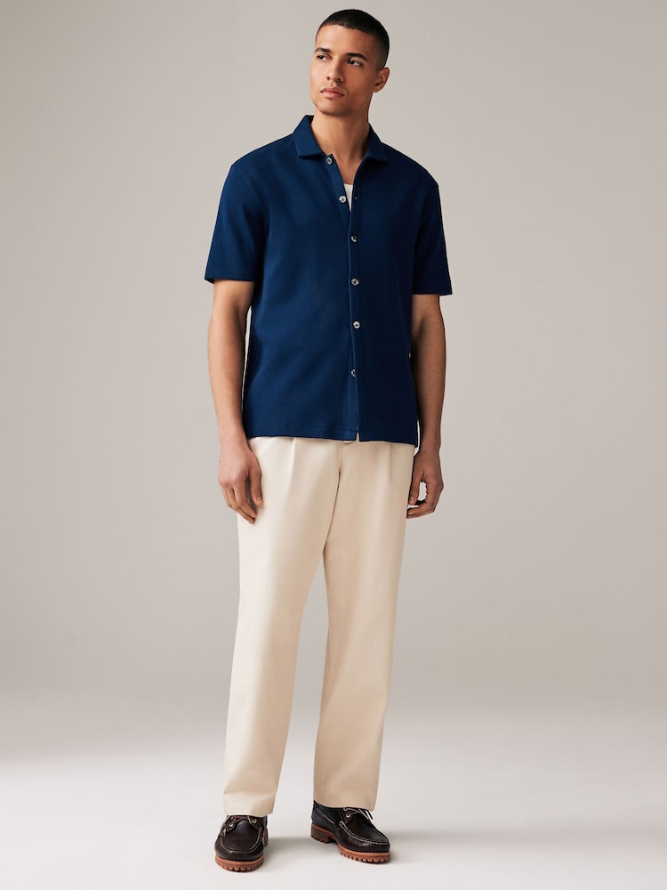 Navy Blue 100% Cotton Textured Waffle Jersey Shirt - Image 2 of 8