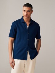 Navy Blue 100% Cotton Textured Waffle Jersey Shirt - Image 3 of 8