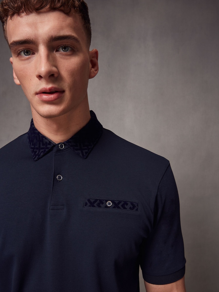 Navy Flocked 100% Cotton Short Sleeve Smart Collar Polo Shirt - Image 1 of 7 Navy Flocked 100% Cotton Short Sleeve Smart Collar Polo Shirt - Image 1 of 7