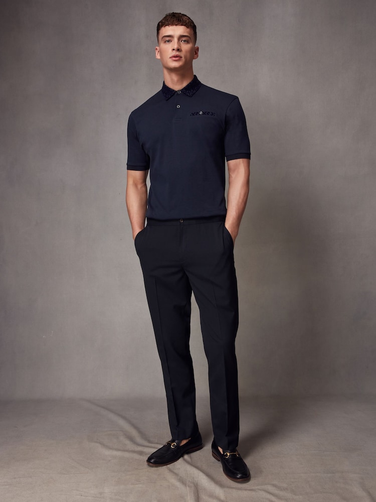 Navy Flocked 100% Cotton Short Sleeve Smart Collar Polo Shirt - Image 2 of 7 Navy Flocked 100% Cotton Short Sleeve Smart Collar Polo Shirt - Image 2 of 7