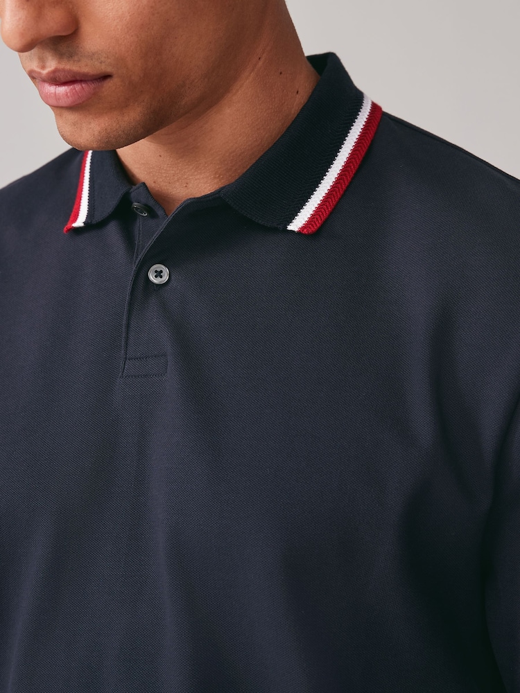 Navy Blue/Red/White Regular Fit Short Sleeve Tipped Polo Shirt - Image 4 of 7