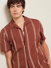 Brown Textured Stripe Short Sleeve Cuban Collar Shirt - Image 1 of 7