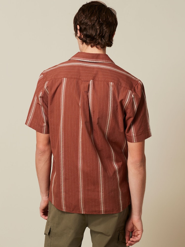 Brown Textured Stripe Short Sleeve Cuban Collar Shirt - Image 2 of 7