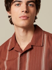Brown Textured Stripe Short Sleeve Cuban Collar Shirt - Image 4 of 7