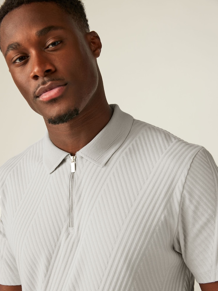 Light Grey Slim Fit Smart Zip-Neck Polo Shirt - Image 1 of 6
