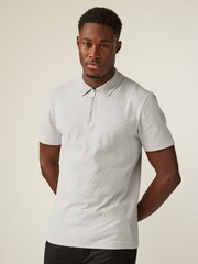 Light Grey Slim Fit Smart Zip-Neck Polo Shirt - Image 2 of 6