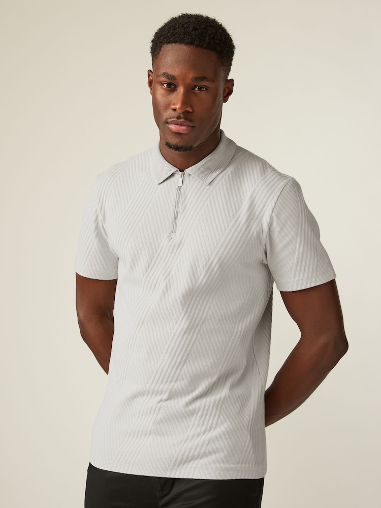Light Grey Slim Fit Smart Zip-Neck Polo Shirt - Image 2 of 6
