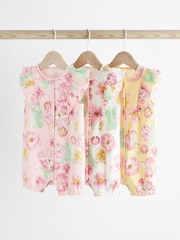 Pink Yellow Floral Baby 100% Cotton Rompers 3 Pack - Image 1 of 7