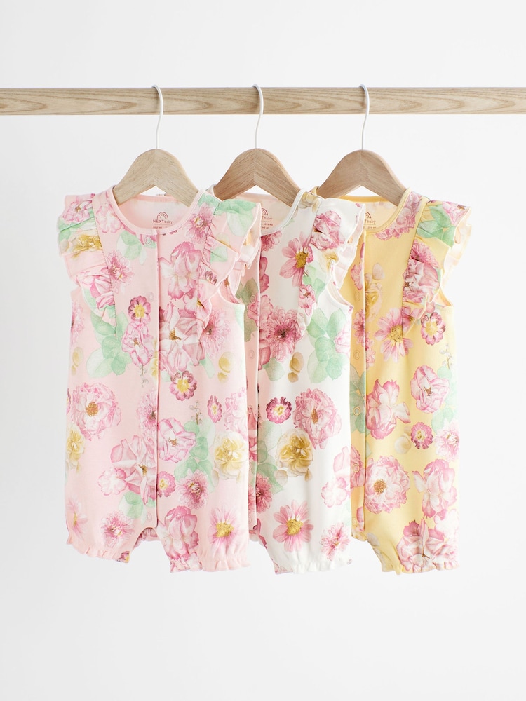 Pink Yellow Floral Baby 100% Cotton Rompers 3 Pack - Image 1 of 7