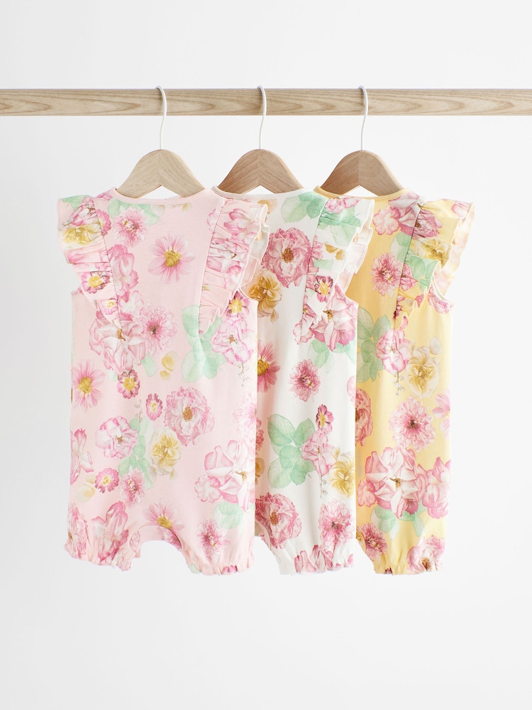 Pink Yellow Floral Baby 100% Cotton Rompers 3 Pack - Image 2 of 7