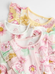 Pink Yellow Floral Baby 100% Cotton Rompers 3 Pack - Image 4 of 7