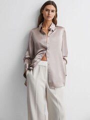 Reiss Champagne Lola Oversized Silk Button Through Shirt - Image 1 of 4