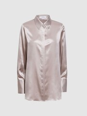 Reiss Champagne Lola Oversized Silk Button Through Shirt - Image 2 of 4