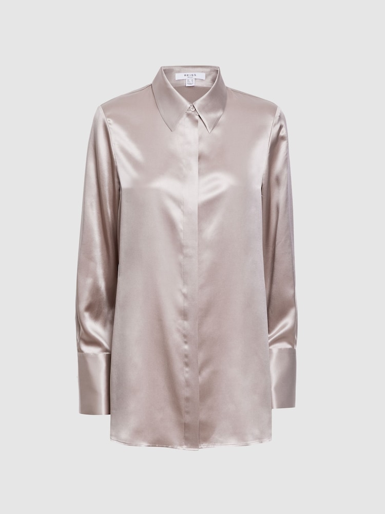 Reiss Champagne Lola Oversized Silk Button Through Shirt - Image 2 of 4