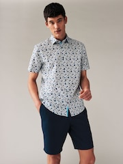 White/Blue Floral Printed Linen Blend Shirt - Image 1 of 7