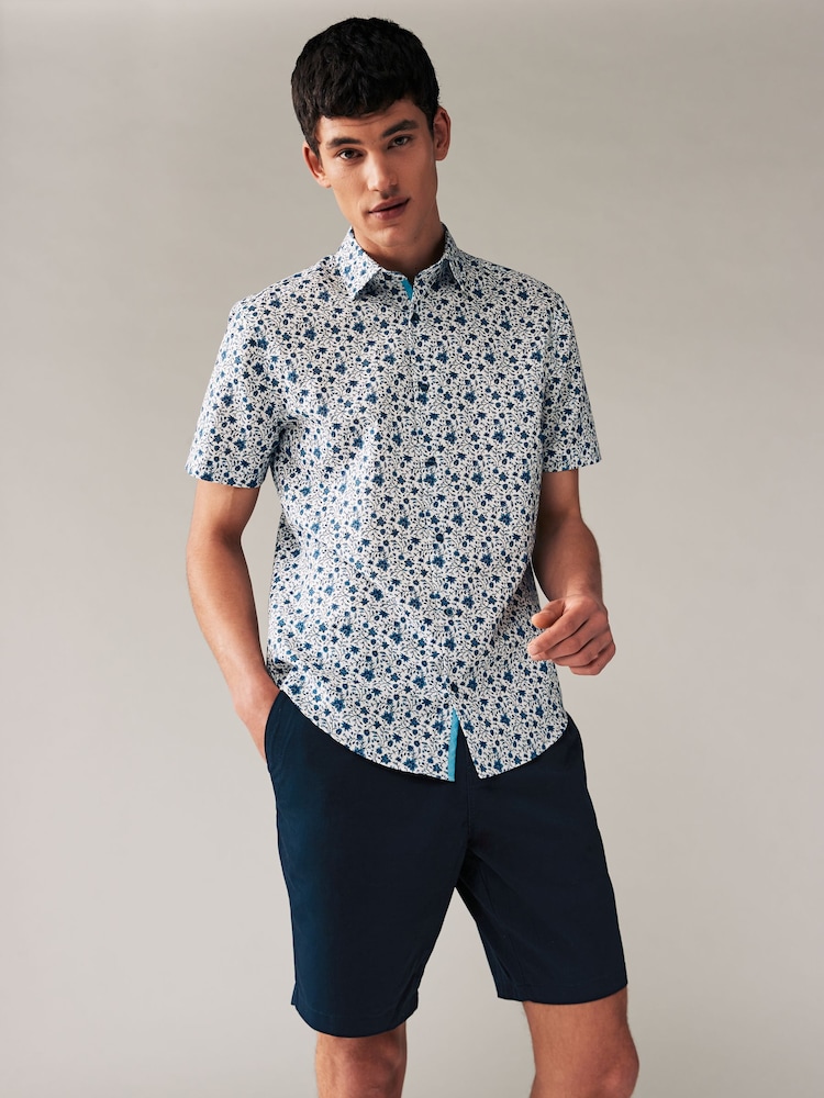 White/Blue Floral Printed Linen Blend Shirt - Image 1 of 7