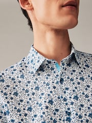 White/Blue Floral Printed Linen Blend Shirt - Image 4 of 7