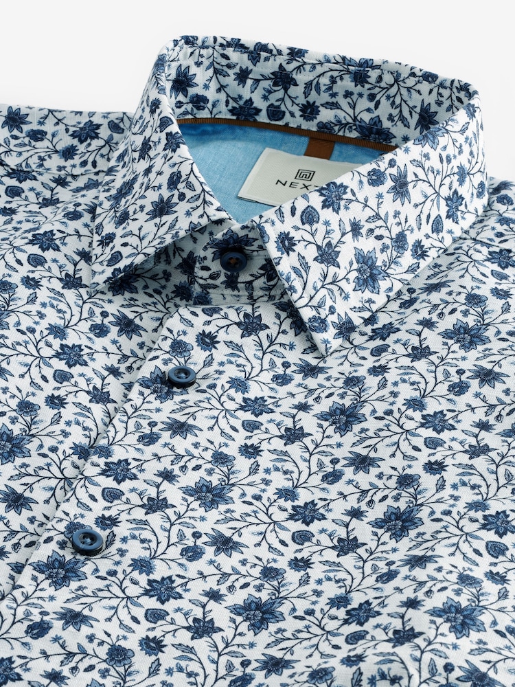 White/Blue Floral Printed Linen Blend Shirt - Image 7 of 7