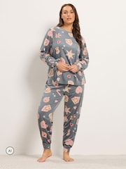 Yours Curve Grey Gingerbread Fleece Pyjama Set - Image 1 of 6