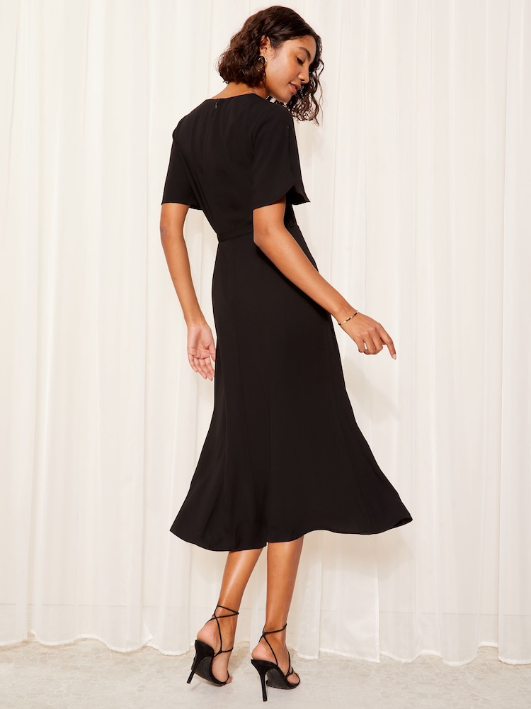 Friends Like These Black Short Tulip Sleeve Ruched Body Midi Dress - Image 4 of 4 Friends Like These Black Short Tulip Sleeve Ruched Body Midi Dress - Image 4 of 4