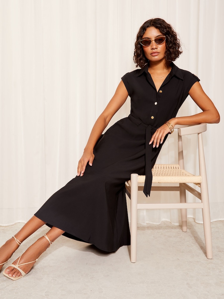 Friends Like These Black Short Sleeve Button Detail Utility Dress - Image 1 of 4